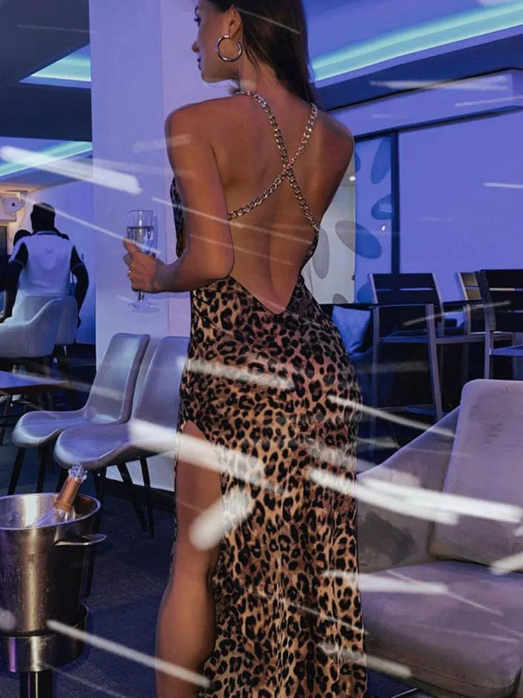 Leopard Chain Strap Side Slit Backless Festival Refined Midi Dresses