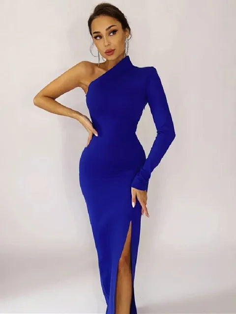 2024 Summer One Shoulder Maxi Chic Black Bodycon Dress