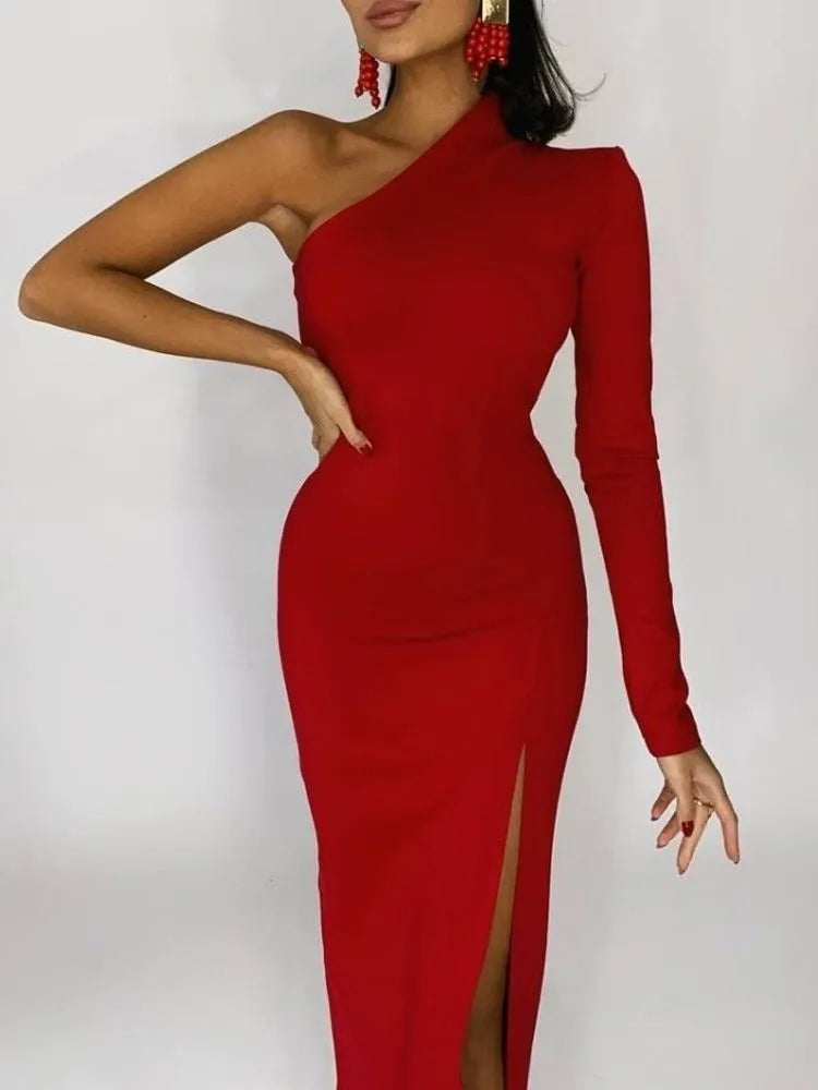 2024 Summer One Shoulder Maxi Chic Black Bodycon Dress