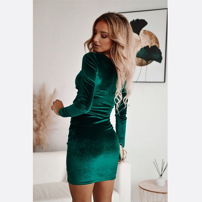 Graceful Gold Velvet Mini Dress Hip Dresses Solid Long Sleeve Party Dress