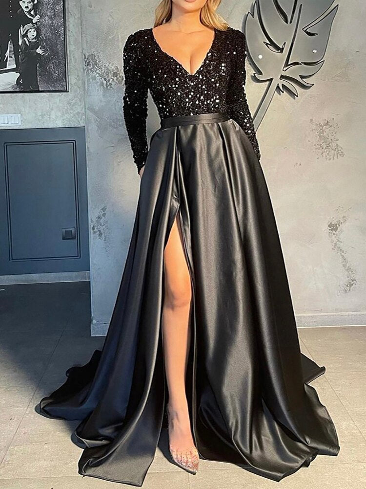 Kissnovaa - Lush Black Sequin Patchwork Maxi Prom Dress