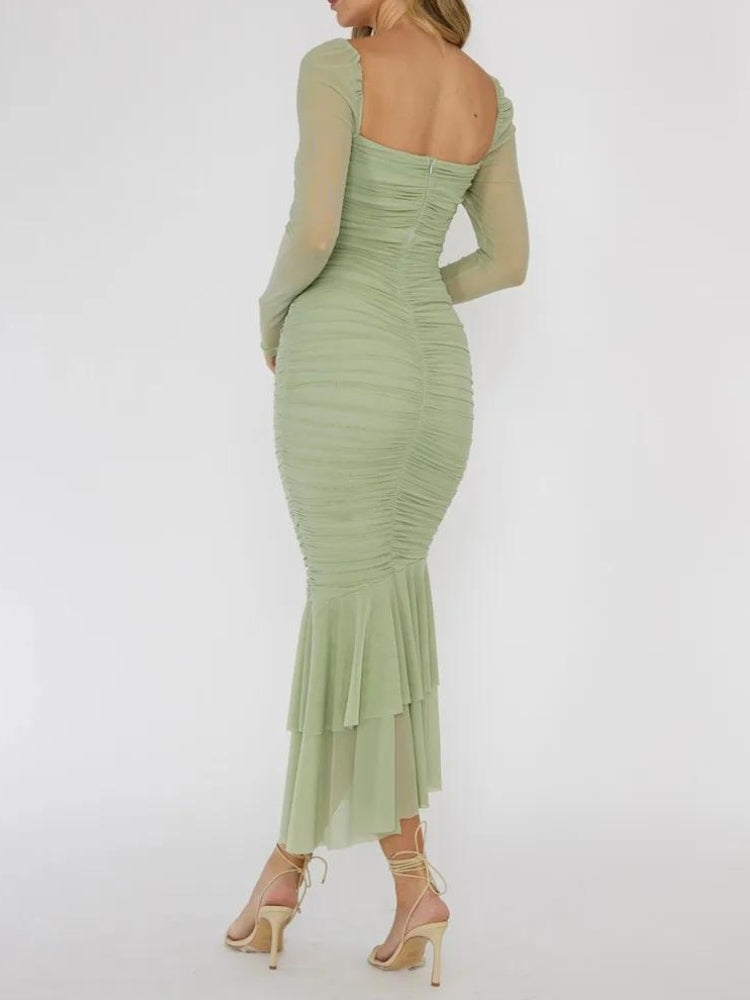Ruched Mesh Bodycon Midi Dress