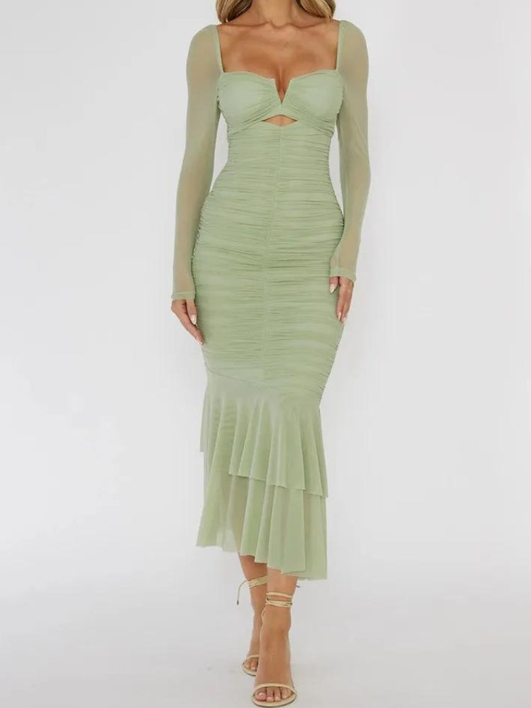 Ruched Mesh Bodycon Midi Dress