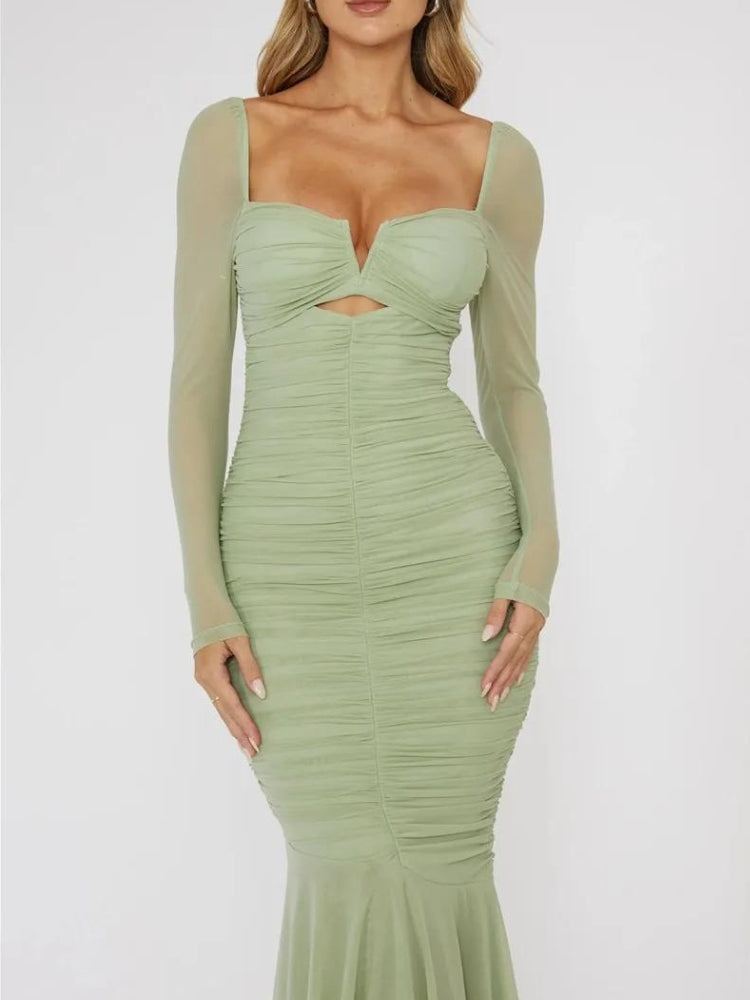 Ruched Mesh Bodycon Midi Dress