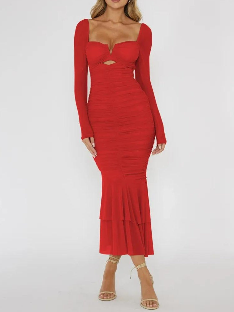 Ruched Mesh Bodycon Midi Dress