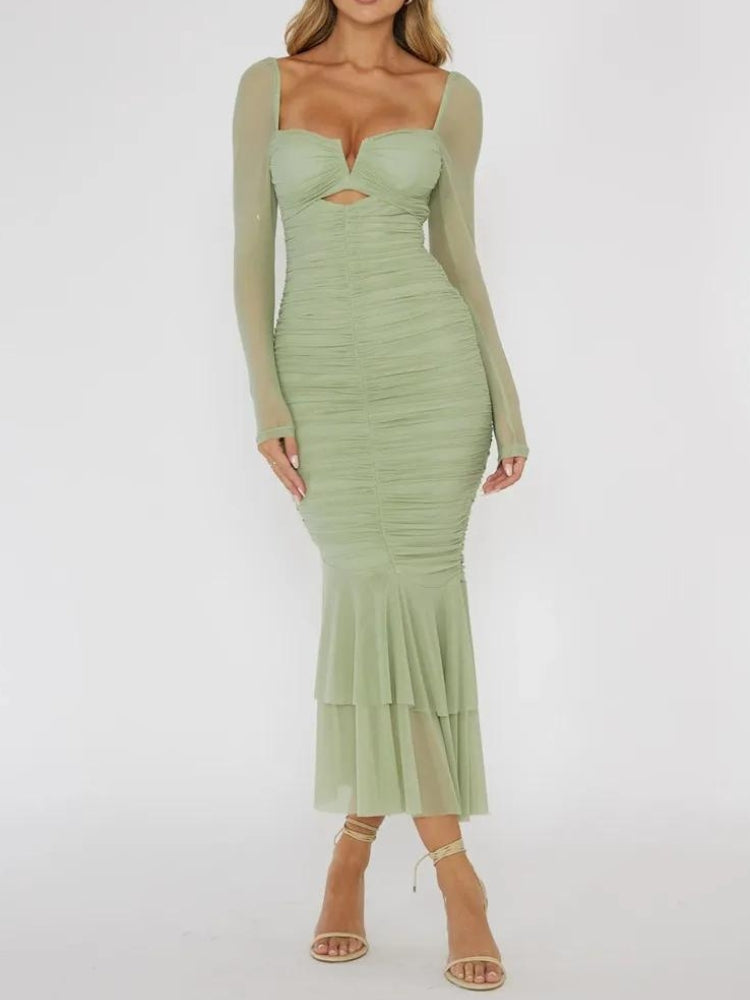 Ruched Mesh Bodycon Midi Dress
