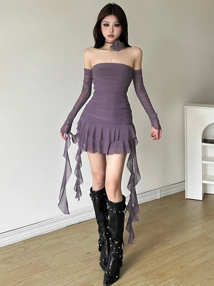 Ruffled Mesh Strapless Mini Dress