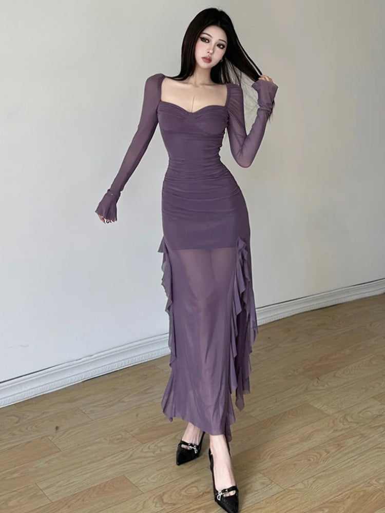 Split Mesh Midi Dress