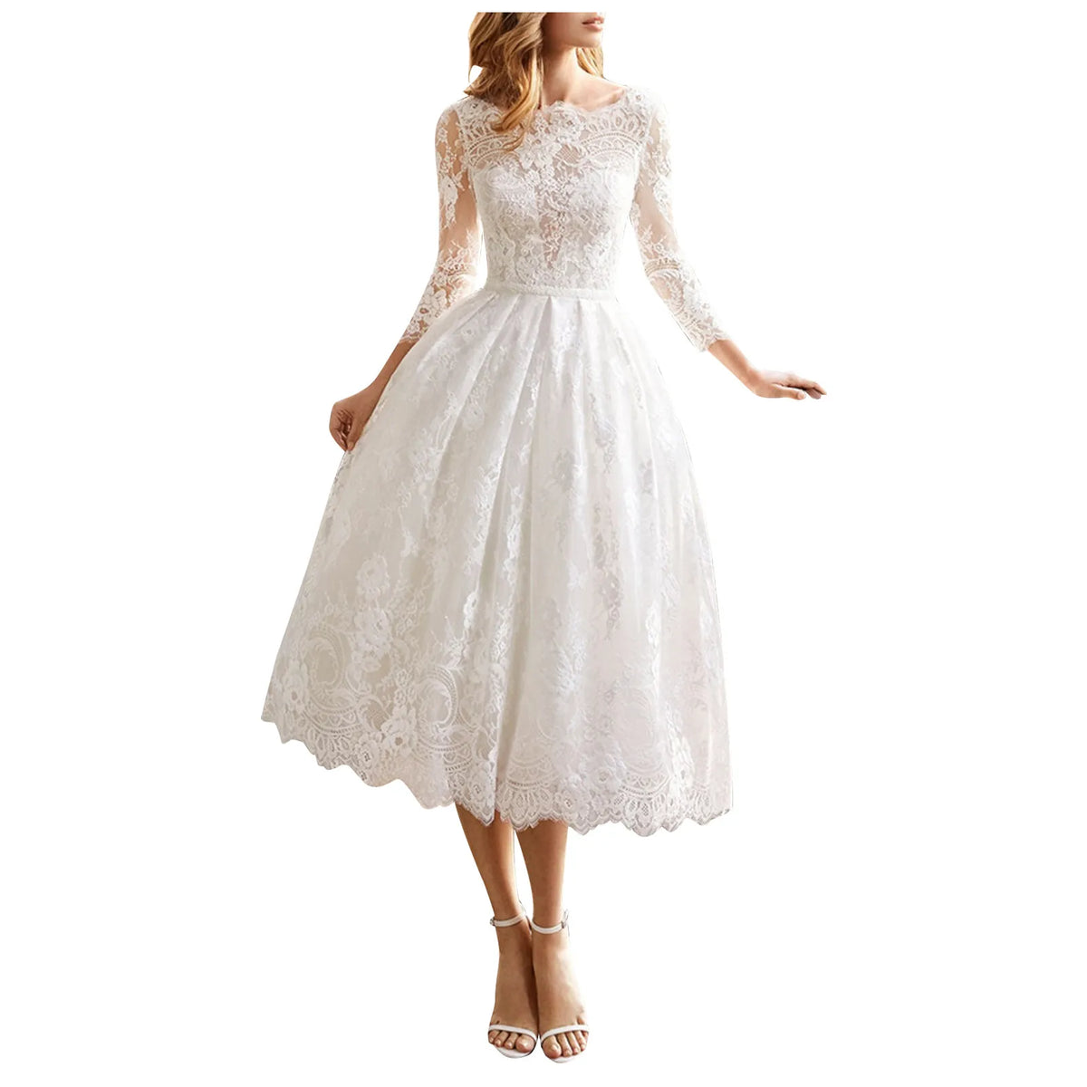 Sleeved Long Backless Slim Fitting White Lace Midi Dress