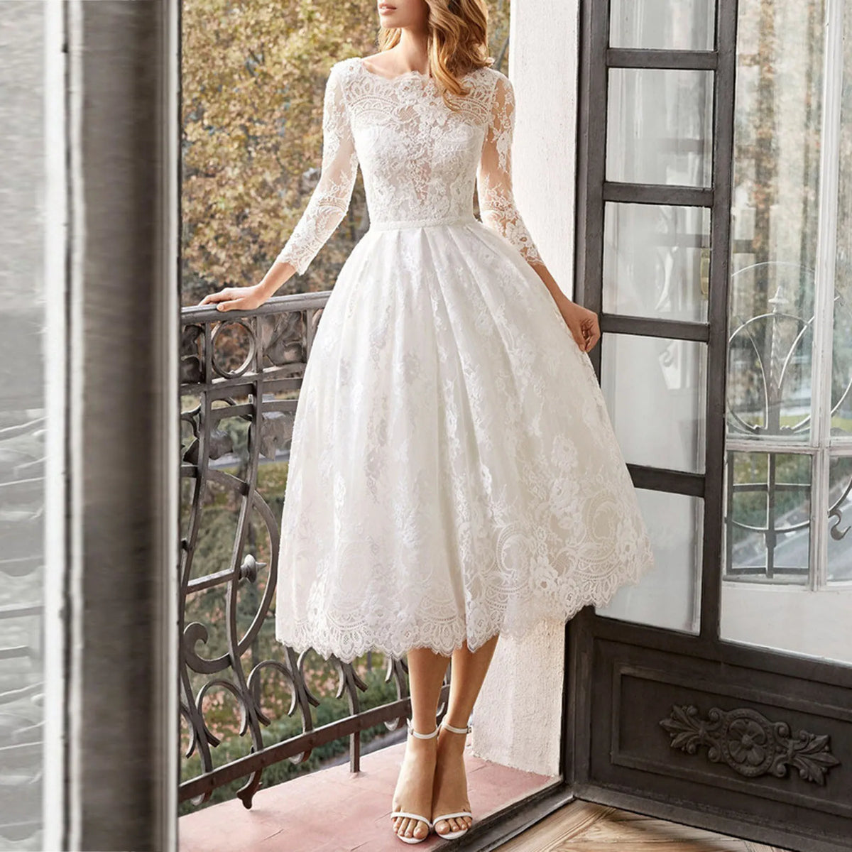 Sleeved Long Backless Slim Fitting White Lace Midi Dress