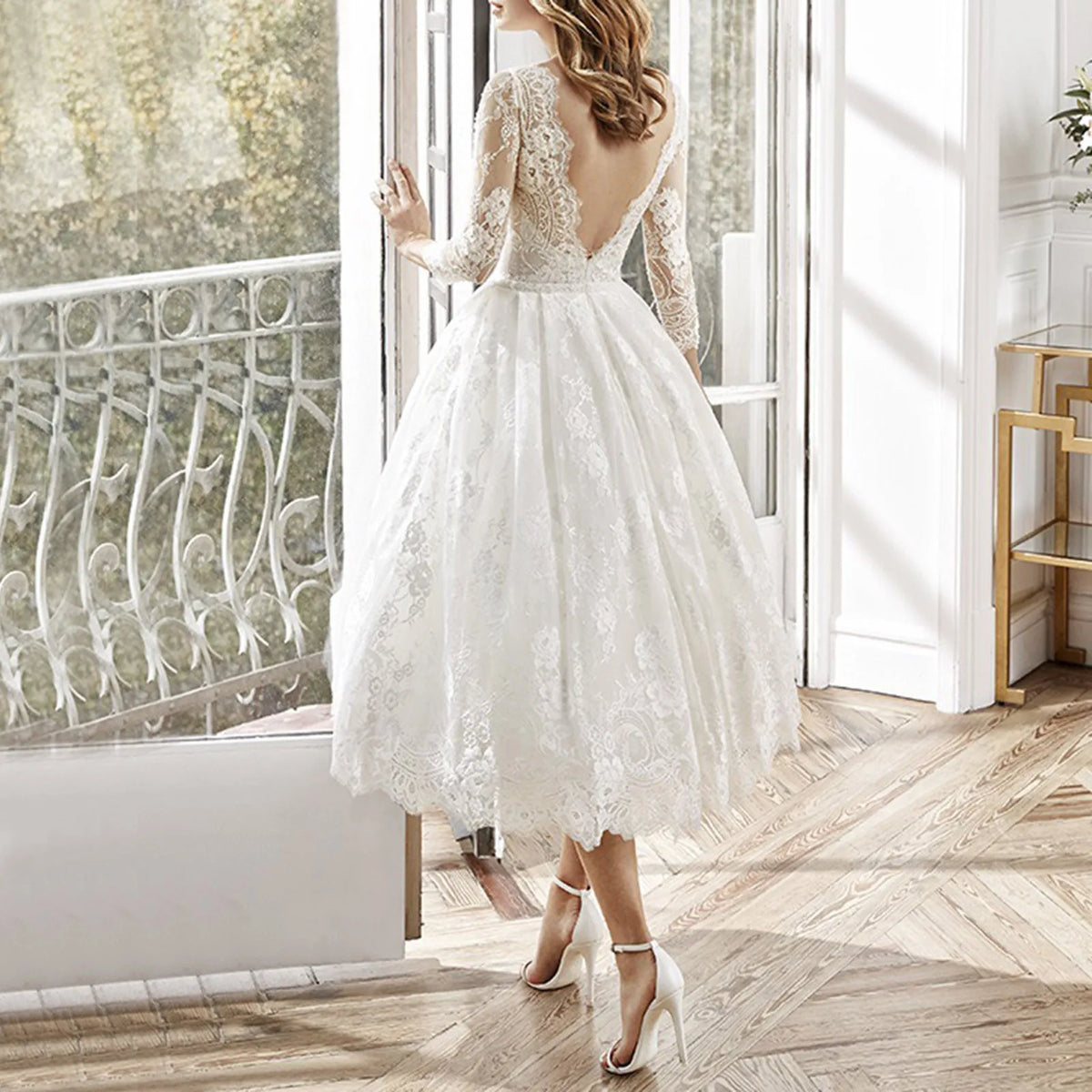 Sleeved Long Backless Slim Fitting White Lace Midi Dress