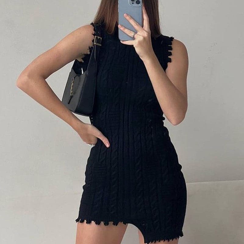 Mini Dress Women Graceful Solid Black Knit Bodycon Dresses