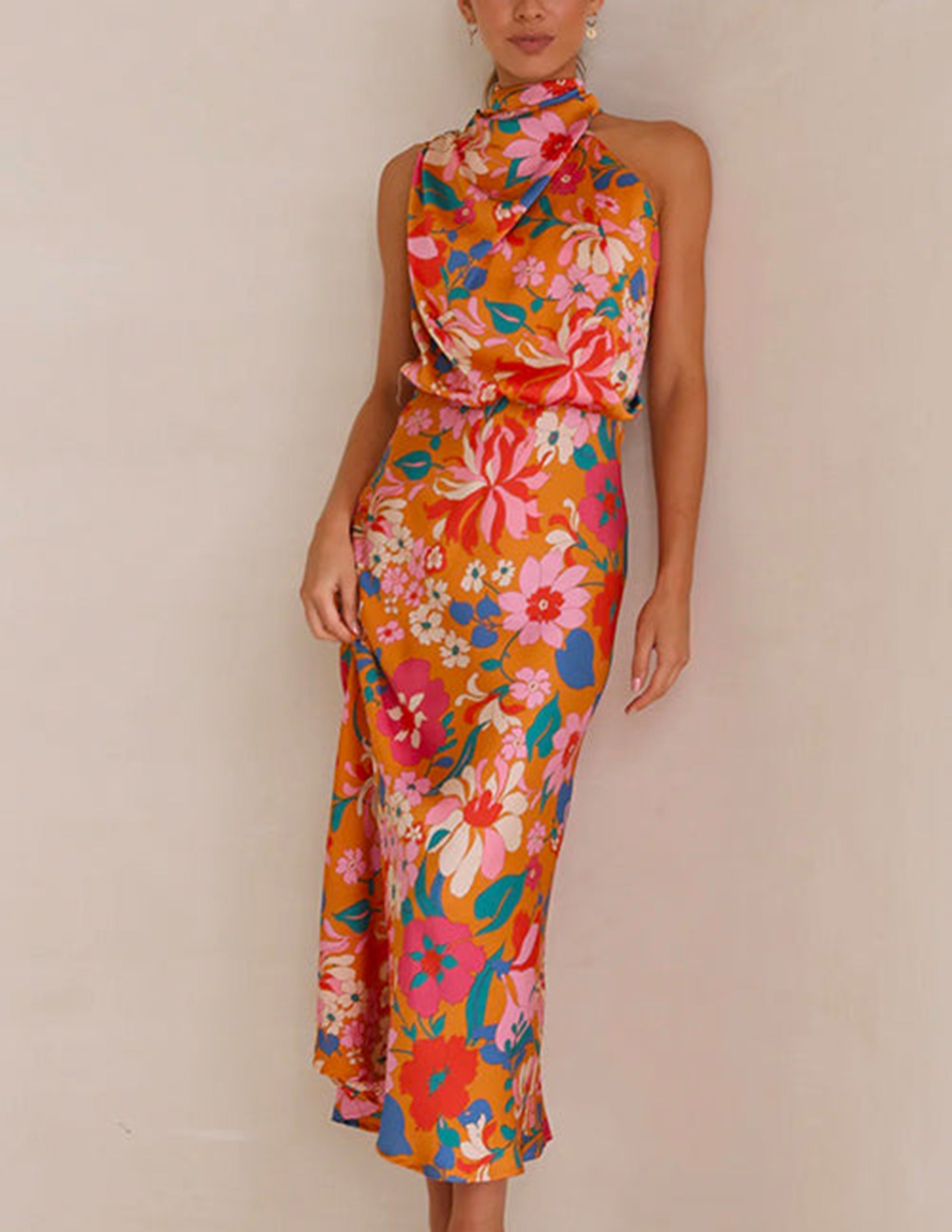 Botanical Halter Neck Elastic Waist Maxi Dress