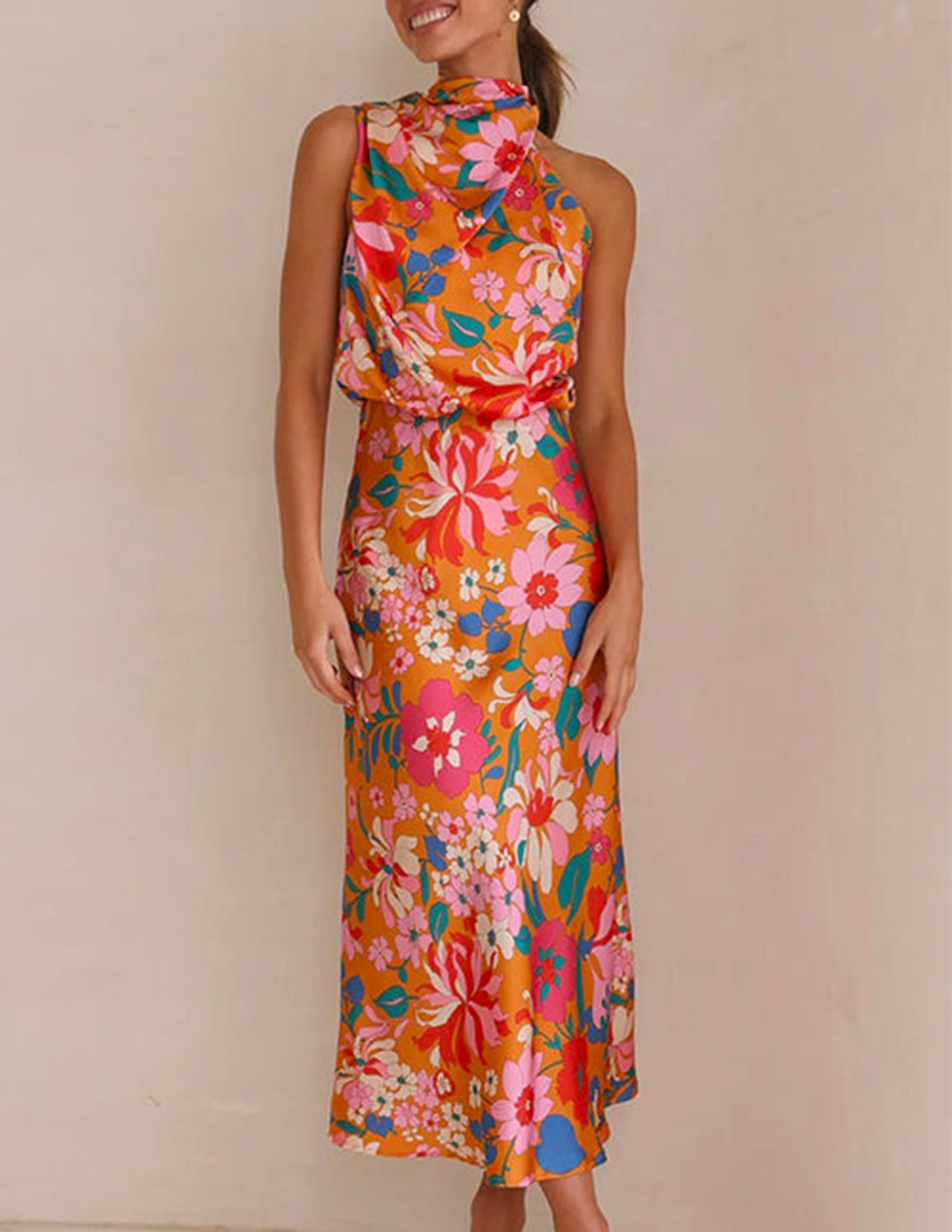 Botanical Halter Neck Elastic Waist Maxi Dress