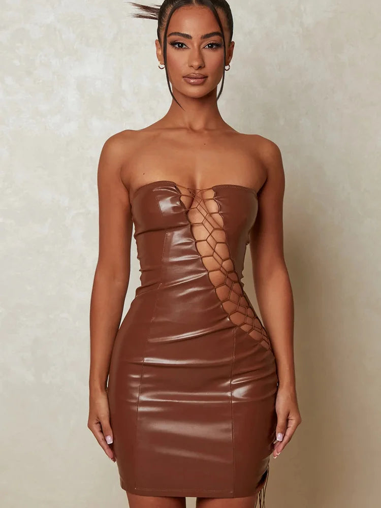 Leather PU Strapless Sleeveless Mini Dress Cut Out Dresses