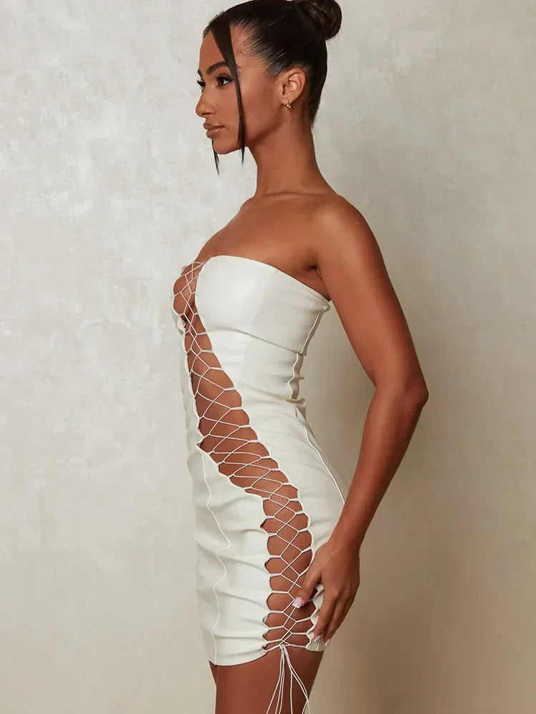 Leather PU Strapless Sleeveless Mini Dress Cut Out Dresses