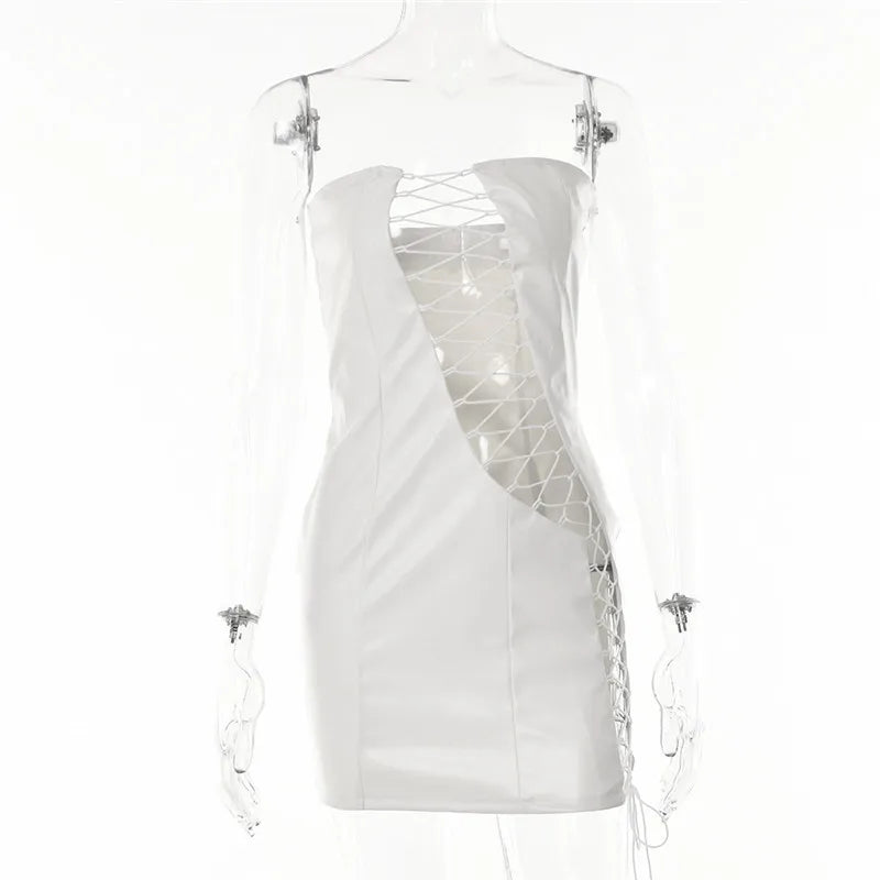 Leather PU Strapless Sleeveless Mini Dress Cut Out Dresses