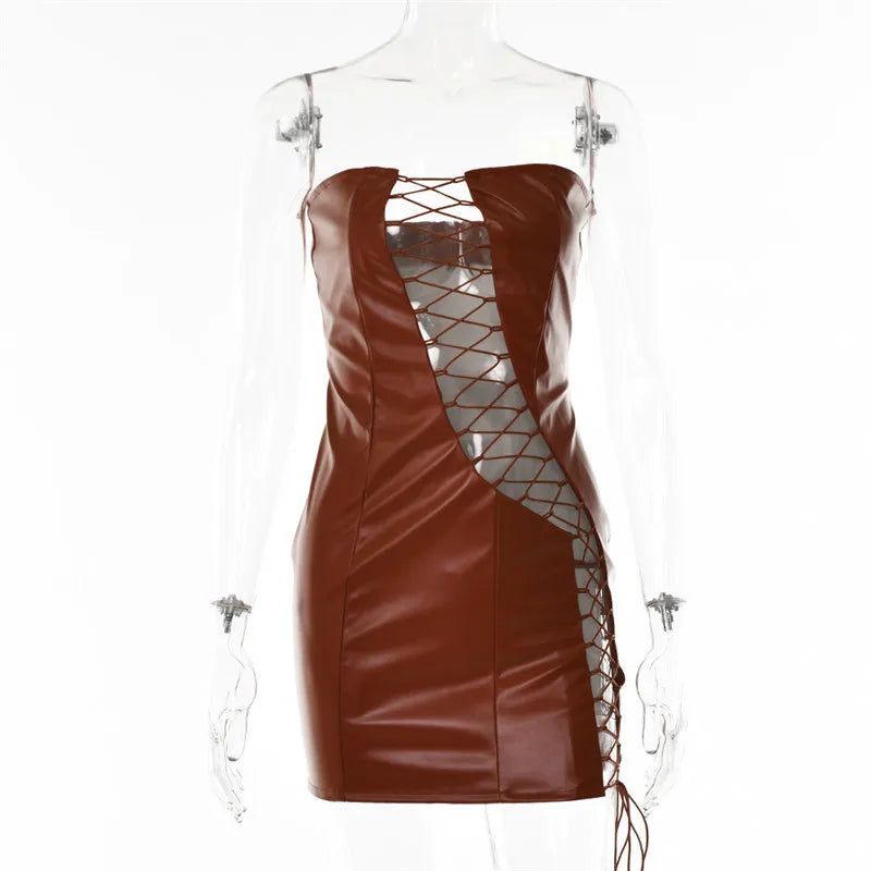 Leather PU Strapless Sleeveless Mini Dress Cut Out Dresses