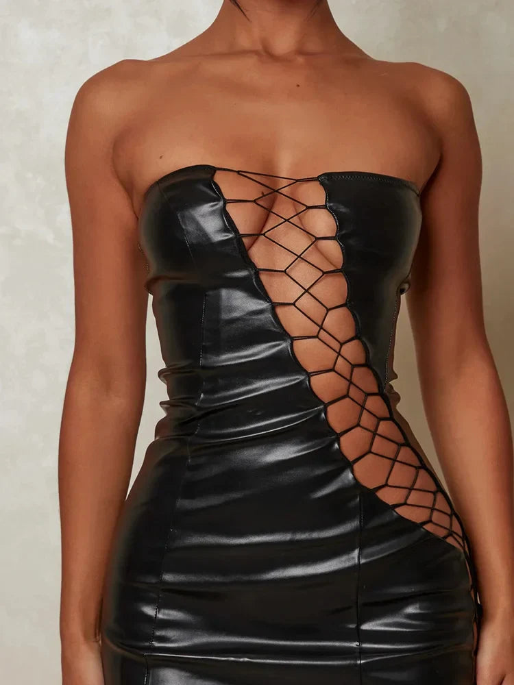 Leather PU Strapless Sleeveless Mini Dress Cut Out Dresses