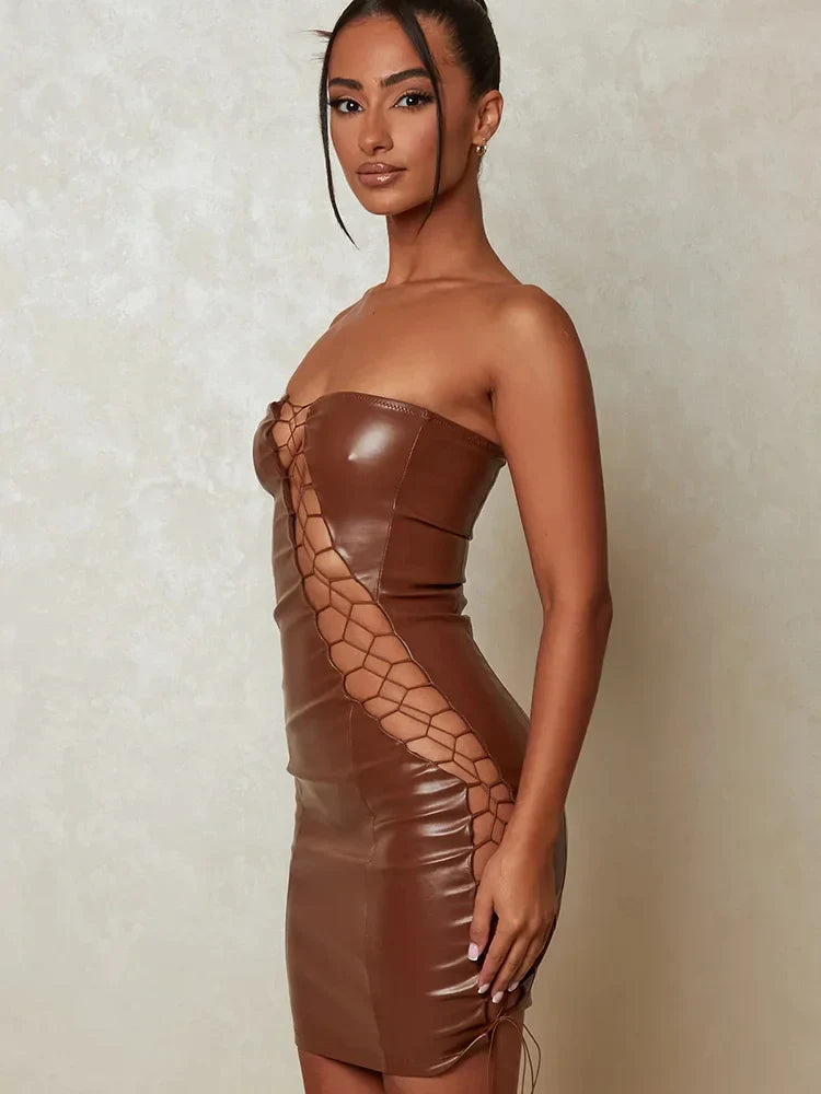 Leather PU Strapless Sleeveless Mini Dress Cut Out Dresses