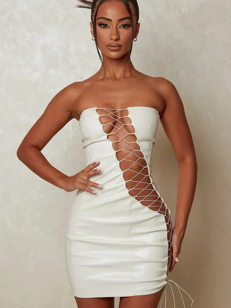 Leather PU Strapless Sleeveless Mini Dress Cut Out Dresses