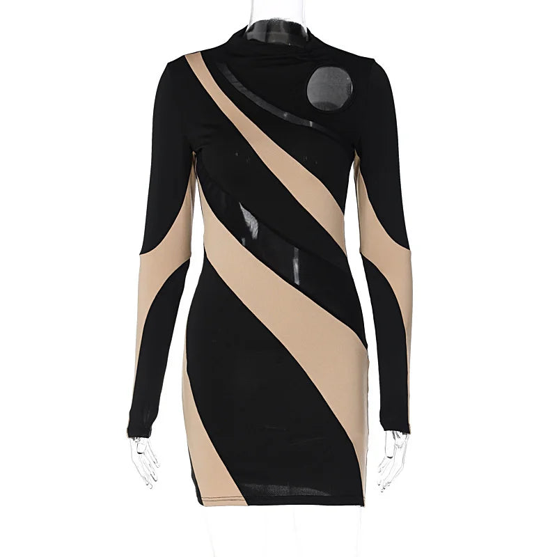Contrast Patchwork Color O Neck Mini Dress Cut Out Dresses