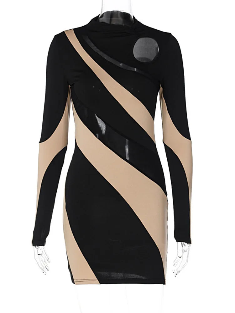 Contrast Patchwork Color O Neck Mini Dress Cut Out Dresses