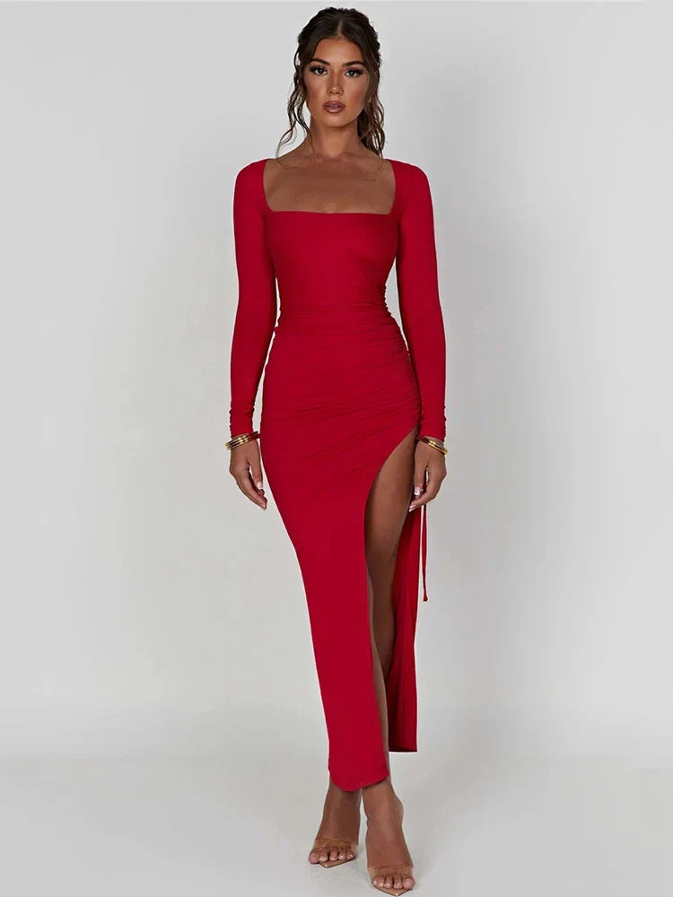 2024 Square Collar Drawstring High Split Maxi Dress Chic Autumn Cut Out Dresses