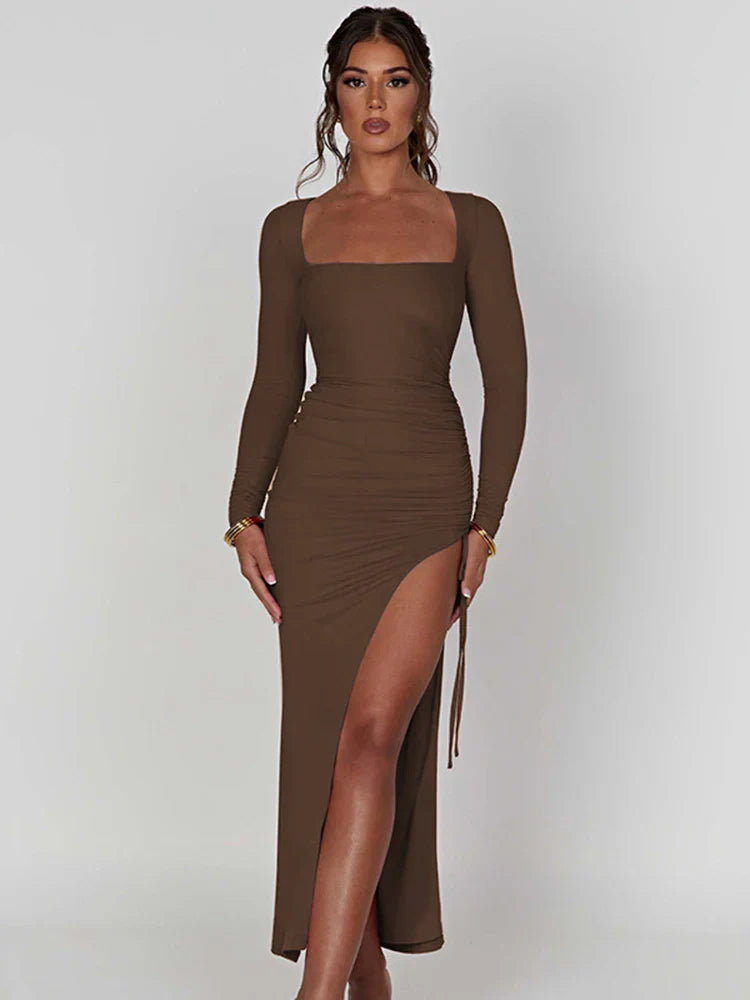 2024 Square Collar Drawstring High Split Maxi Dress Chic Autumn Cut Out Dresses
