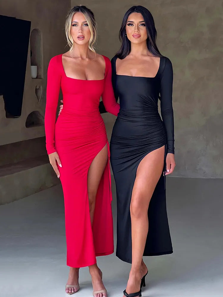 2024 Square Collar Drawstring High Split Maxi Dress Chic Autumn Cut Out Dresses