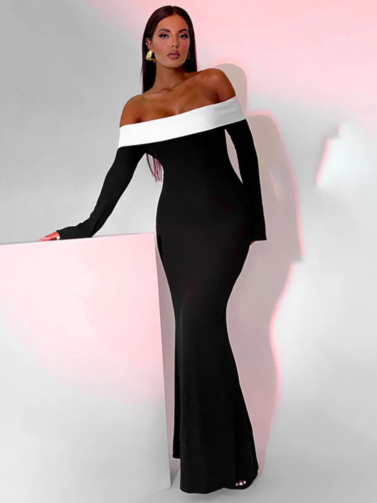 2024 Contrast Color Offshoulder Backless Maxi Dress