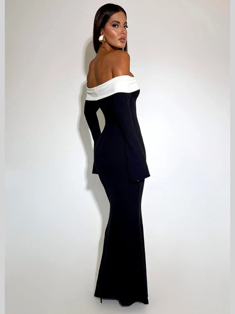 2024 Contrast Color Offshoulder Backless Maxi Dress