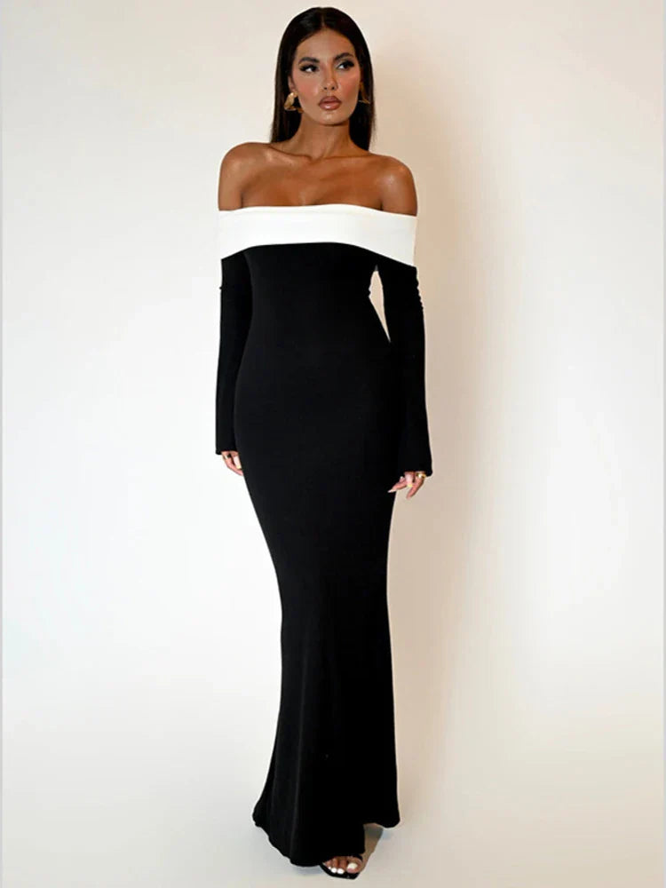 2024 Contrast Color Offshoulder Backless Maxi Dress