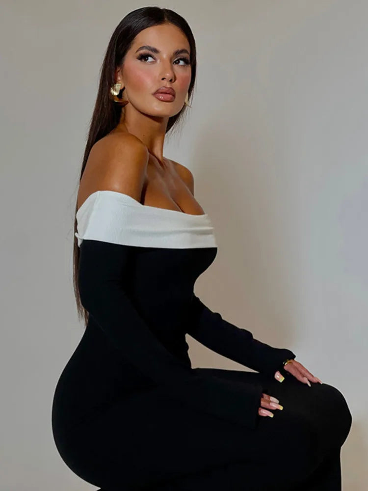 2024 Contrast Color Offshoulder Backless Maxi Dress