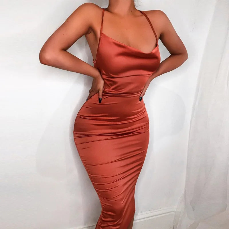 Lace Satin Up Pink Backless Midi Dress
