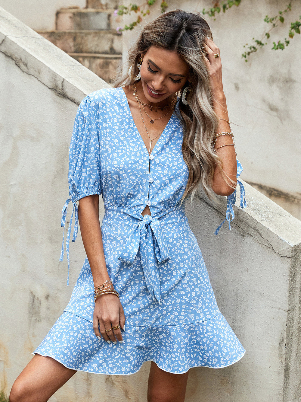 Fresh and Sweet V neck Bow Botanical Dress