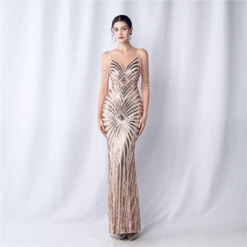 Flower Cutting Craft Beaded Wedding Annual Meeting Host Sequin Sling Night