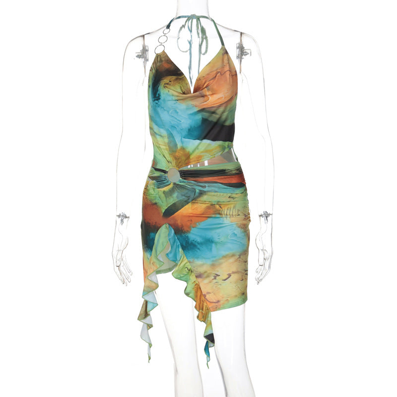 Backless Printing Lace up Dress