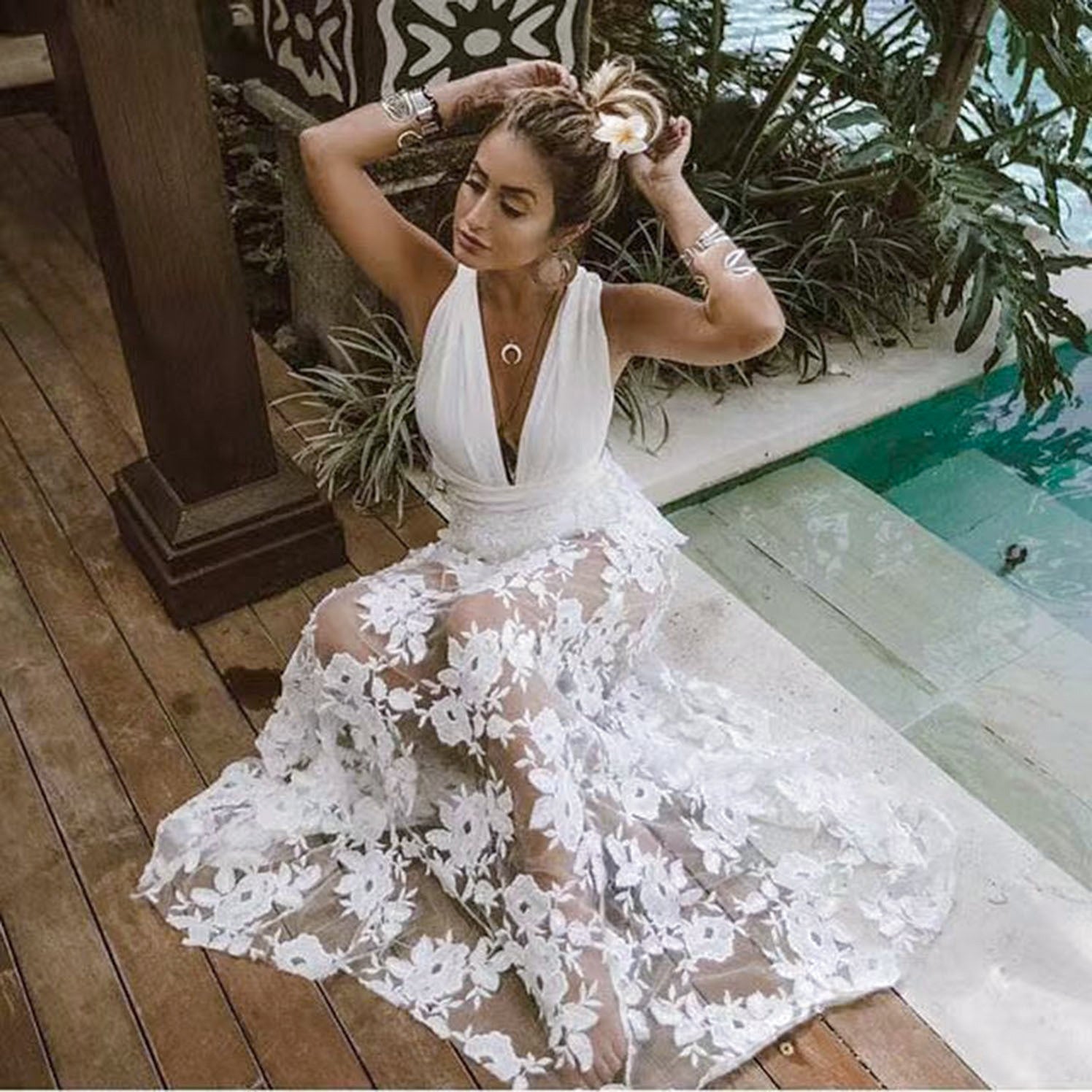Spring Summer Women Clothes Dress Attractive Lace Cutout Backless Beach Maxi Dress