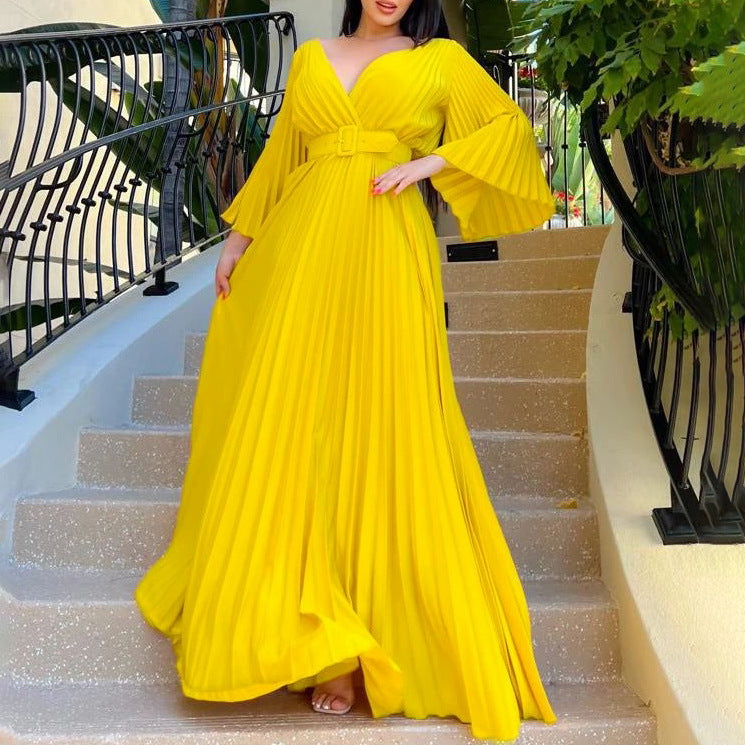 Women Clothing V neck Attractive Pleated Formal Swing Dress Maxi Dress