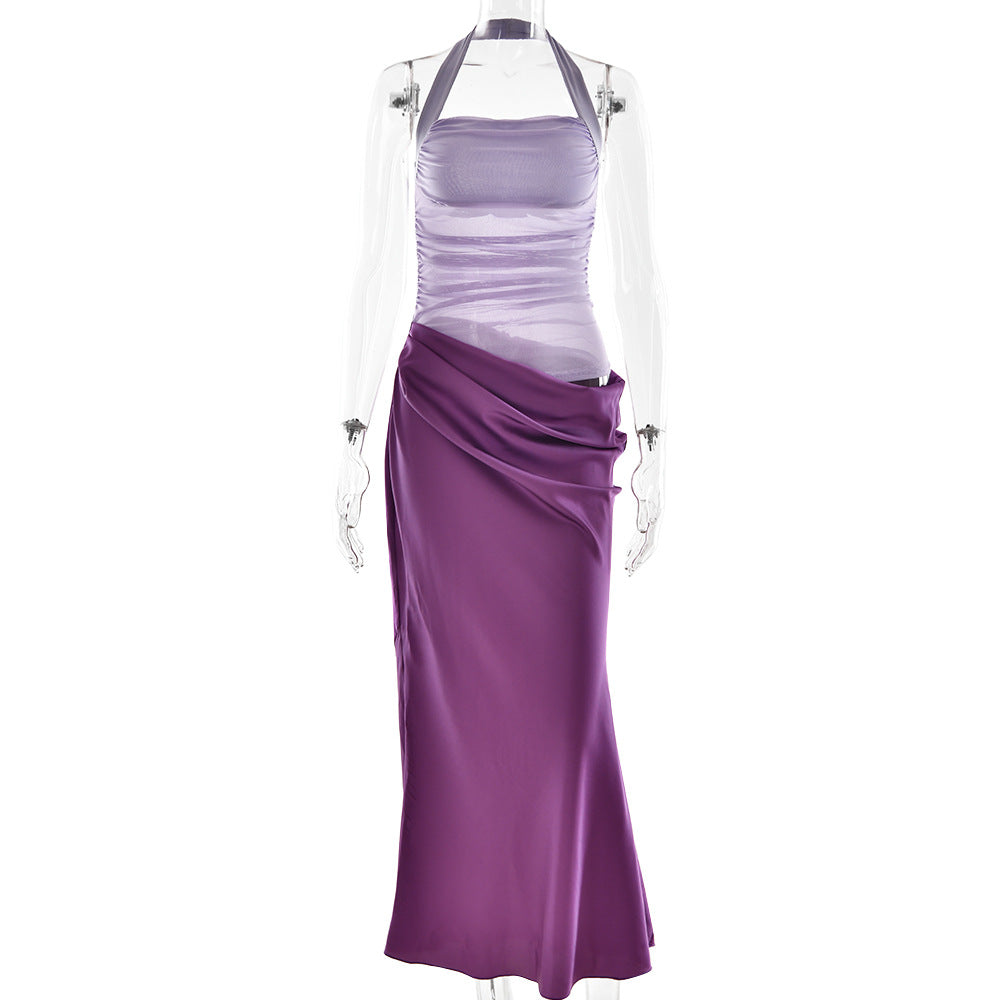 Spring Summer Attractive Backless Halter Satin Maxi Dress Sexy Hollow Out Cutout Sleeveless Dress
