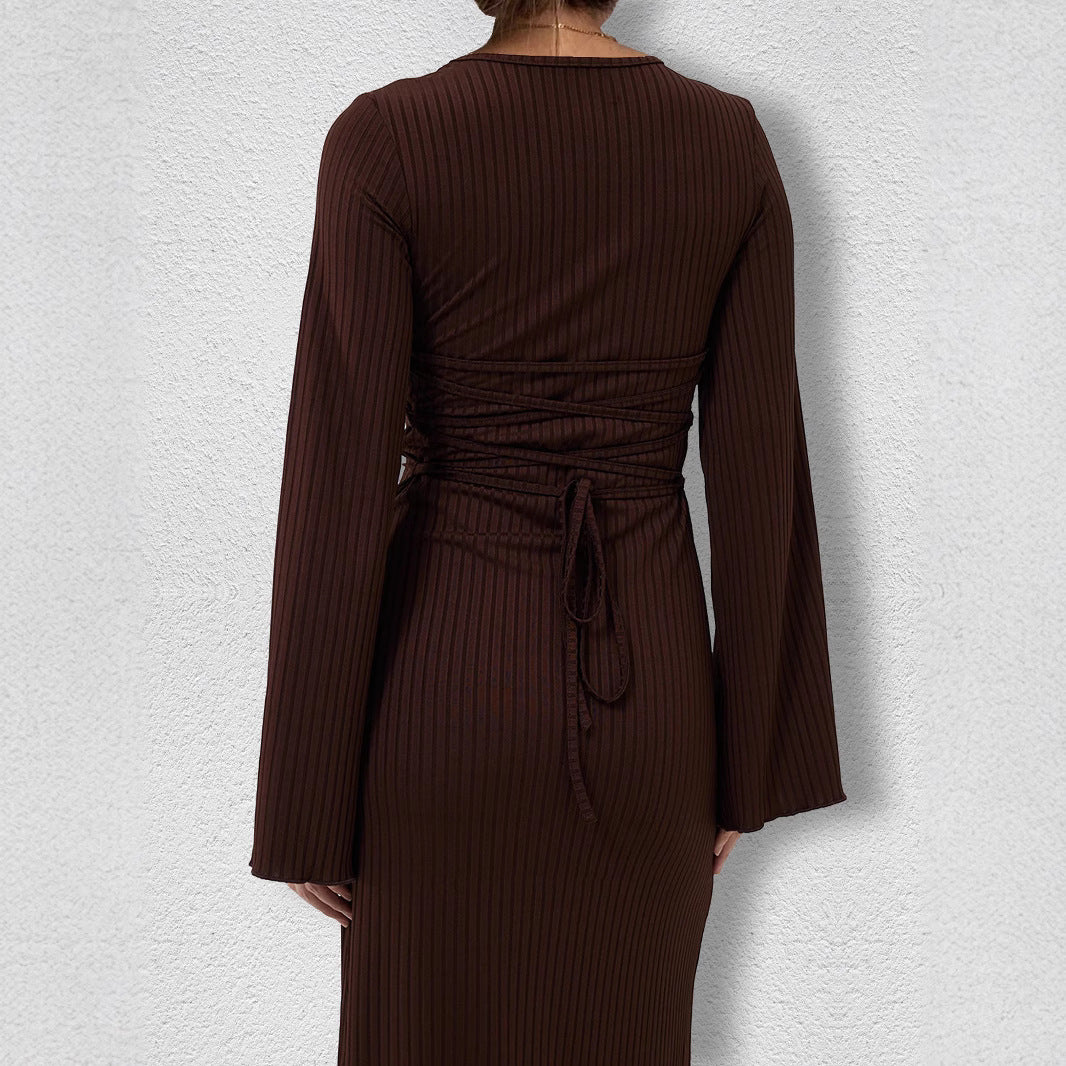 Big Bandage Pit Strip U Neck Long Sleeved Dress