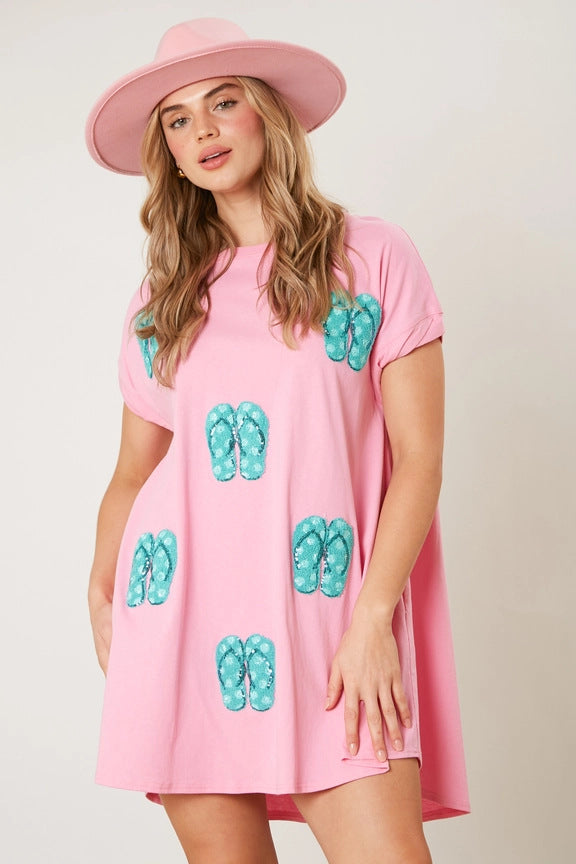 Beach Sequ Short Sleeve Loose Relaxed Dress