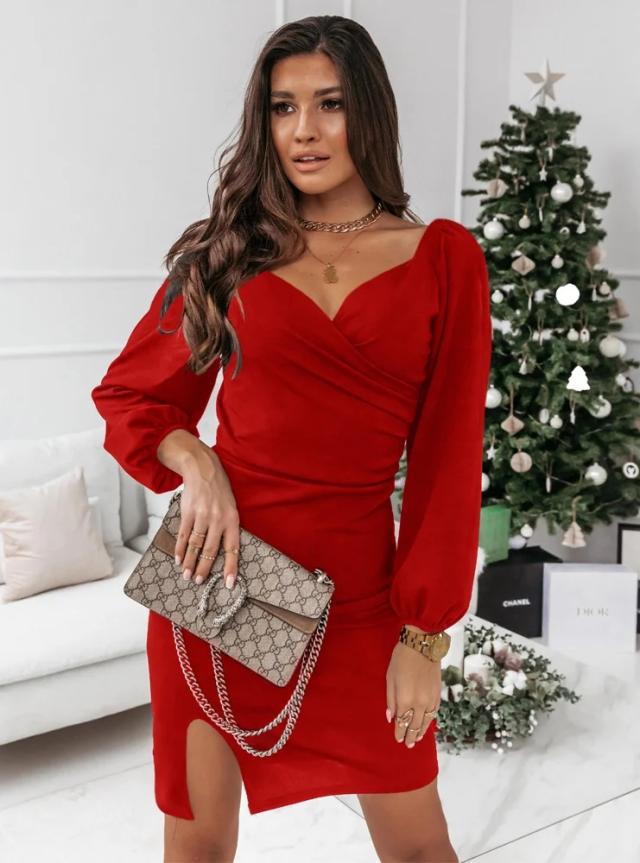 Ruched Zabella Statement Sleeve Mini Dress Red