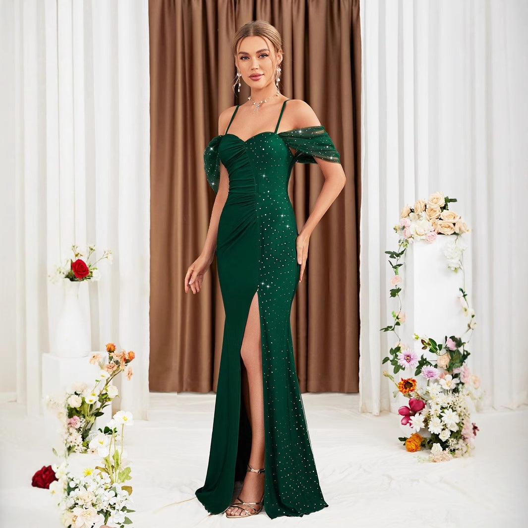 Off Shoulder Spaghetti Straps Evening Dress Slit Slim Fit Fishtail Gown Annual Meeting Performance Host Polished Dress