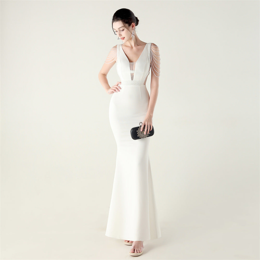 Deep V Plunge neck High Density Beaded Decoration Slim Slimming Evening Dress Cocktail Wedding Performance