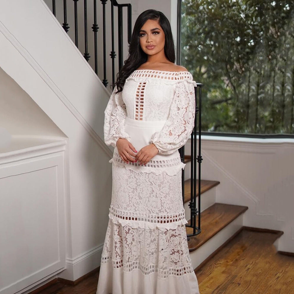 Spring Summer Women Clothing Lace Dress Open Shoulder Lotus Leaf Wedding Party Cocktail Dress