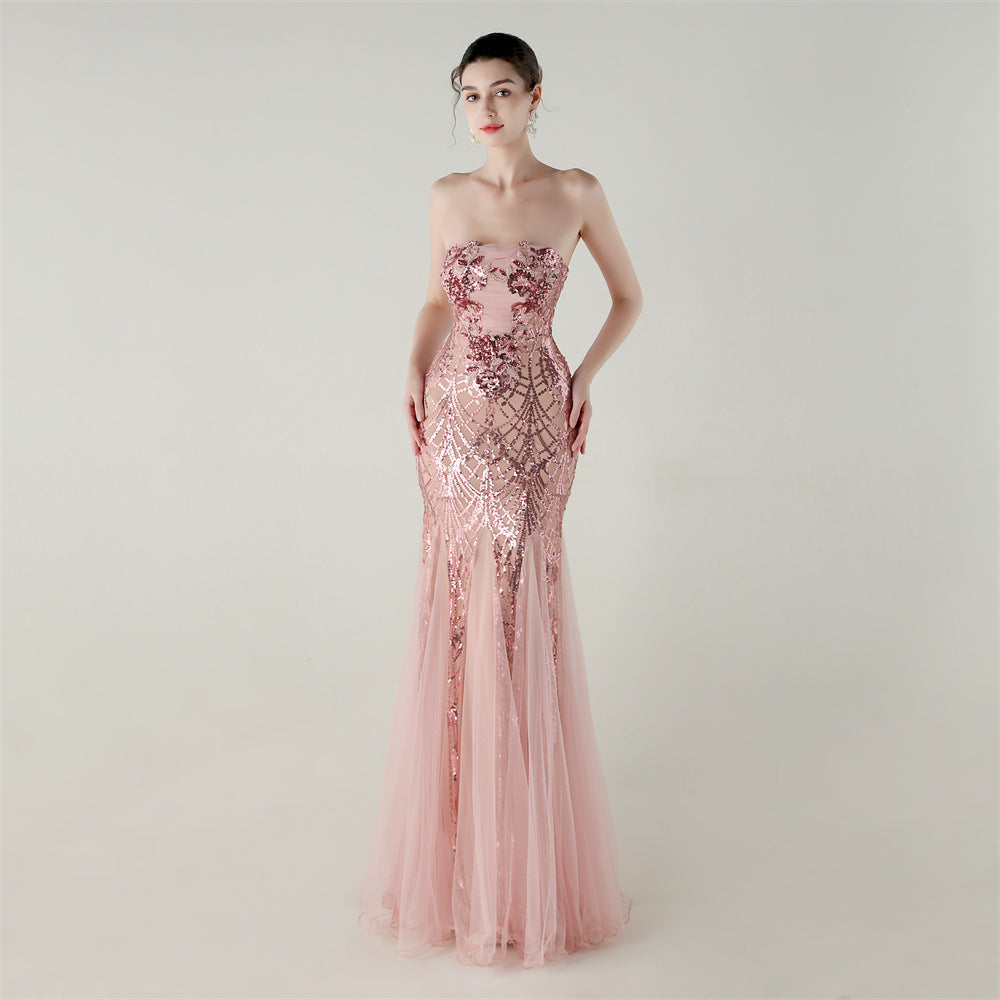 Tube Top Cross Strap Beaded Tube Flower Sequin Mesh Evening Dress Cocktail Wedding Social Elegant Clothing