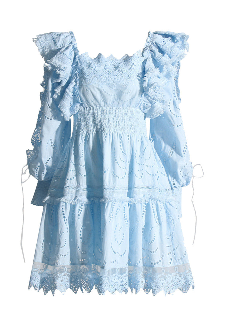 Broderie Seraphina Puff Sleeve Dress Blue Smocked A Line Mini