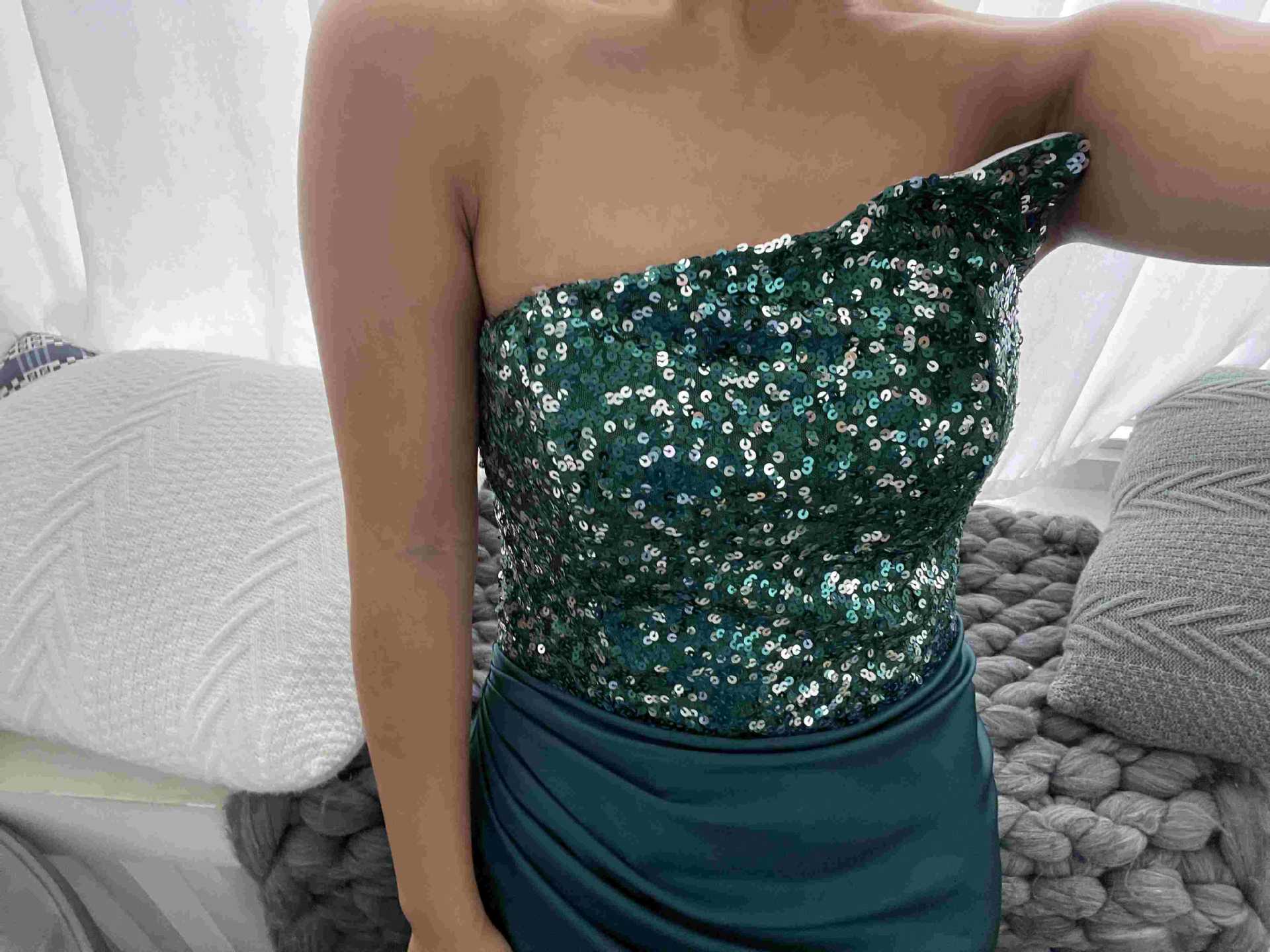 Green Sequined Fairy Wedding Extended Long Sleeve One-Piece Mid-Length Evening Dress
